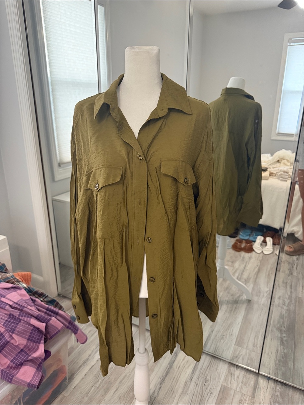 H&M Olive Green Lightweight Button-Up Shirt Jacket